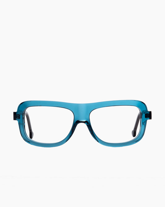 blue plastic rectangle eyeglasses by Marie-Sophie Dion model Lamarche, front view, lunettes de vue rectangle couleur bleu