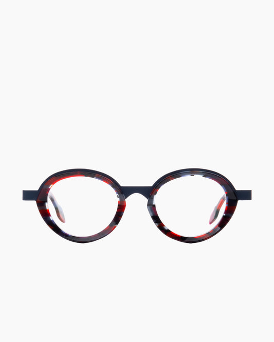 blue plastic oval eyeglasses by Theo model apple, front view, lunettes de vue ovale couleur bleu