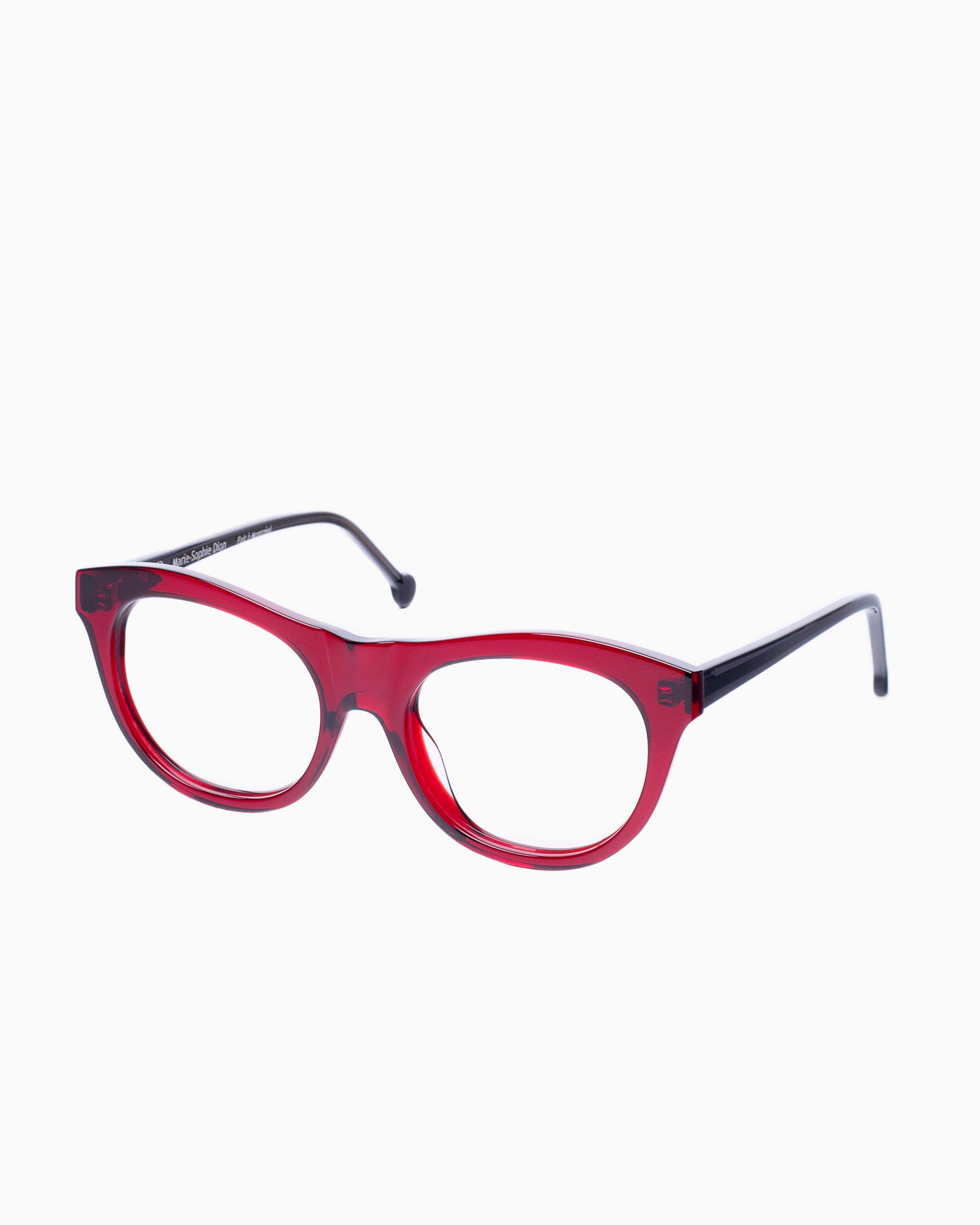 red plastic oval eyeglasses by Marie-Sophie Dion model Millard, front view, lunettes de vue ovale couleur bourgogne