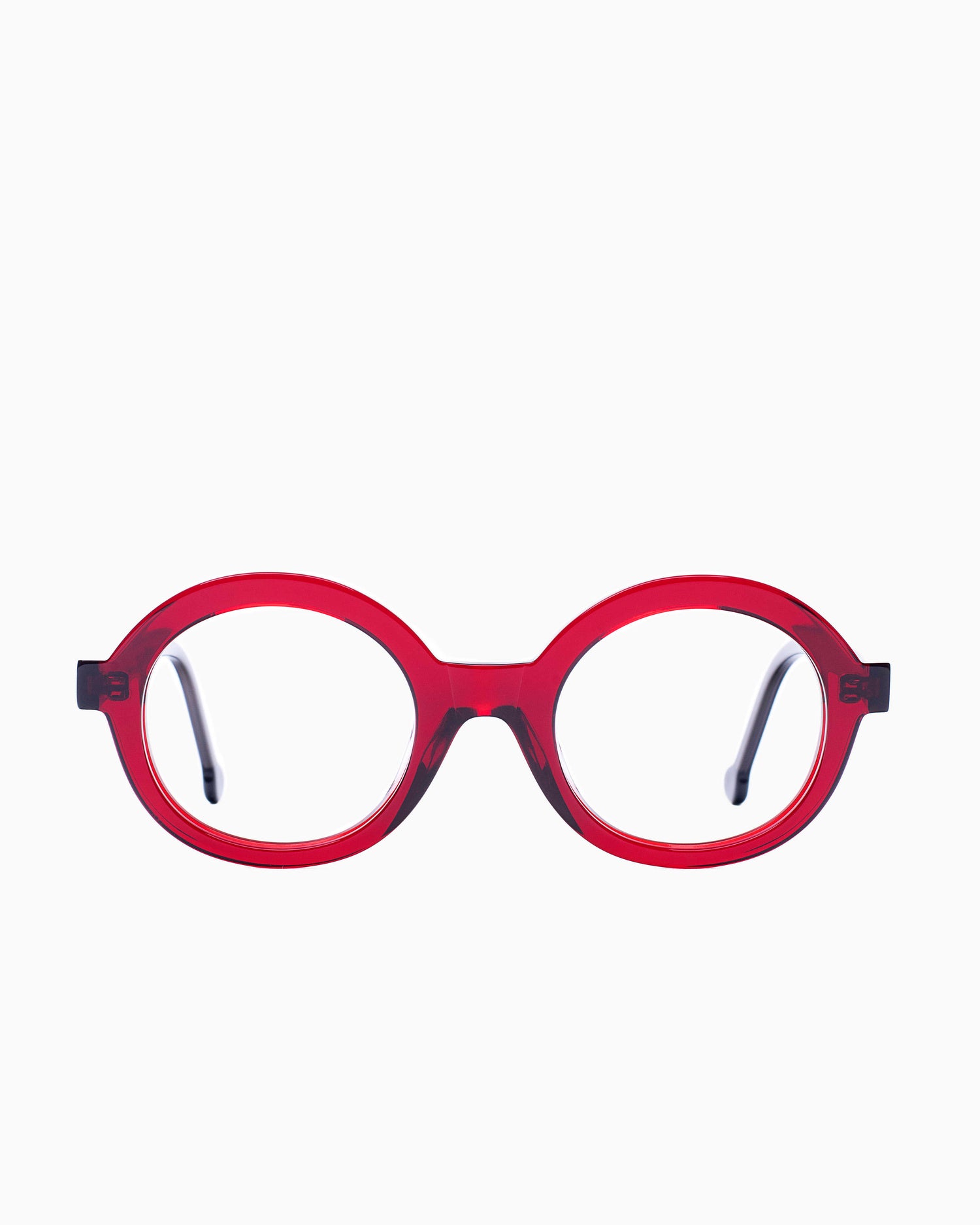 red plastic round eyeglasses by Marie-Sophie Dion model O'Malley, front view, lunettes de vue bourgogne rond