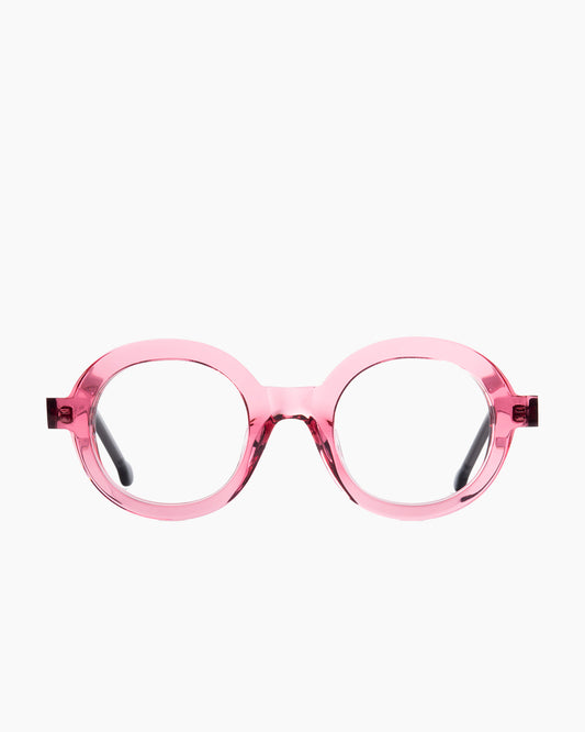 pink plastic round eyeglasses by Marie-Sophie Dion model Luisa, front view, lunettes de vue rond couleur rose