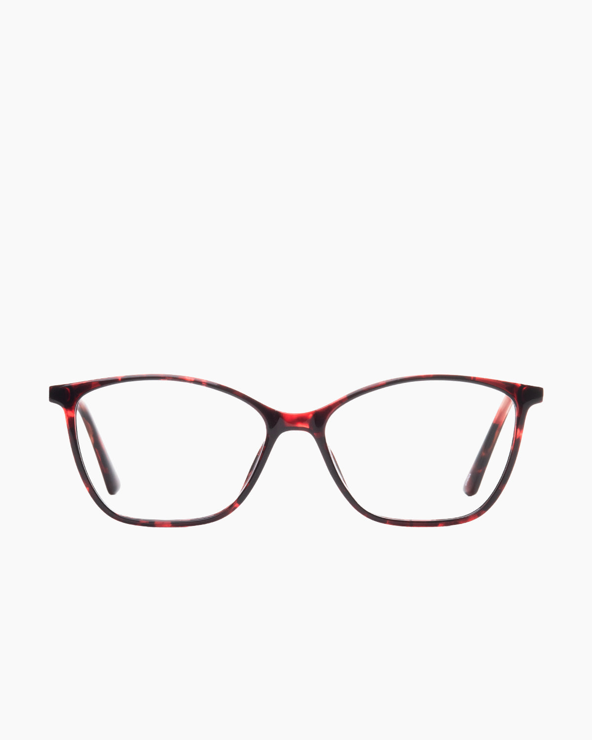red plastic butterfly eyeglasses by Evolve model EL1, front view, lunettes de vue rouge papillon