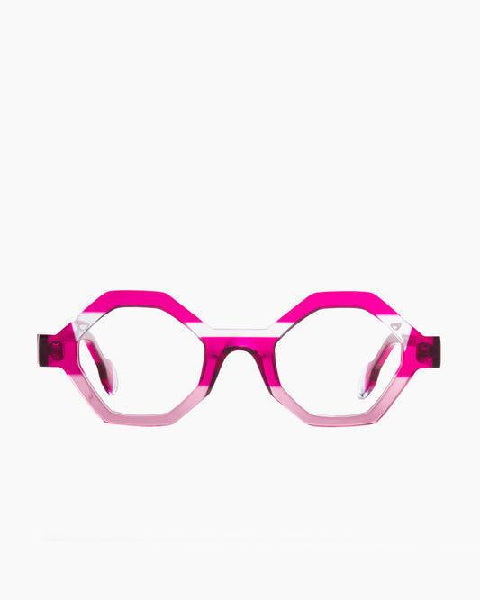 pink plastic hexagon eyeglasses by Anne et Valentin model HAHA, front view, lunettes de vue hexagone couleur rose