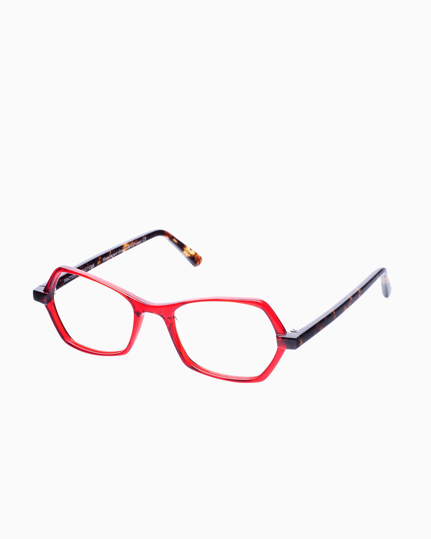red plastic butterfly eyeglasses by Traction model Narayana, front view, lunettes de vue papillon couleur Rouge