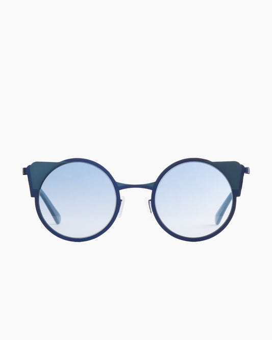 blue metal round  sunglassesby Gamine model Monti S, front view, lunettes de vue rond couleur bleu