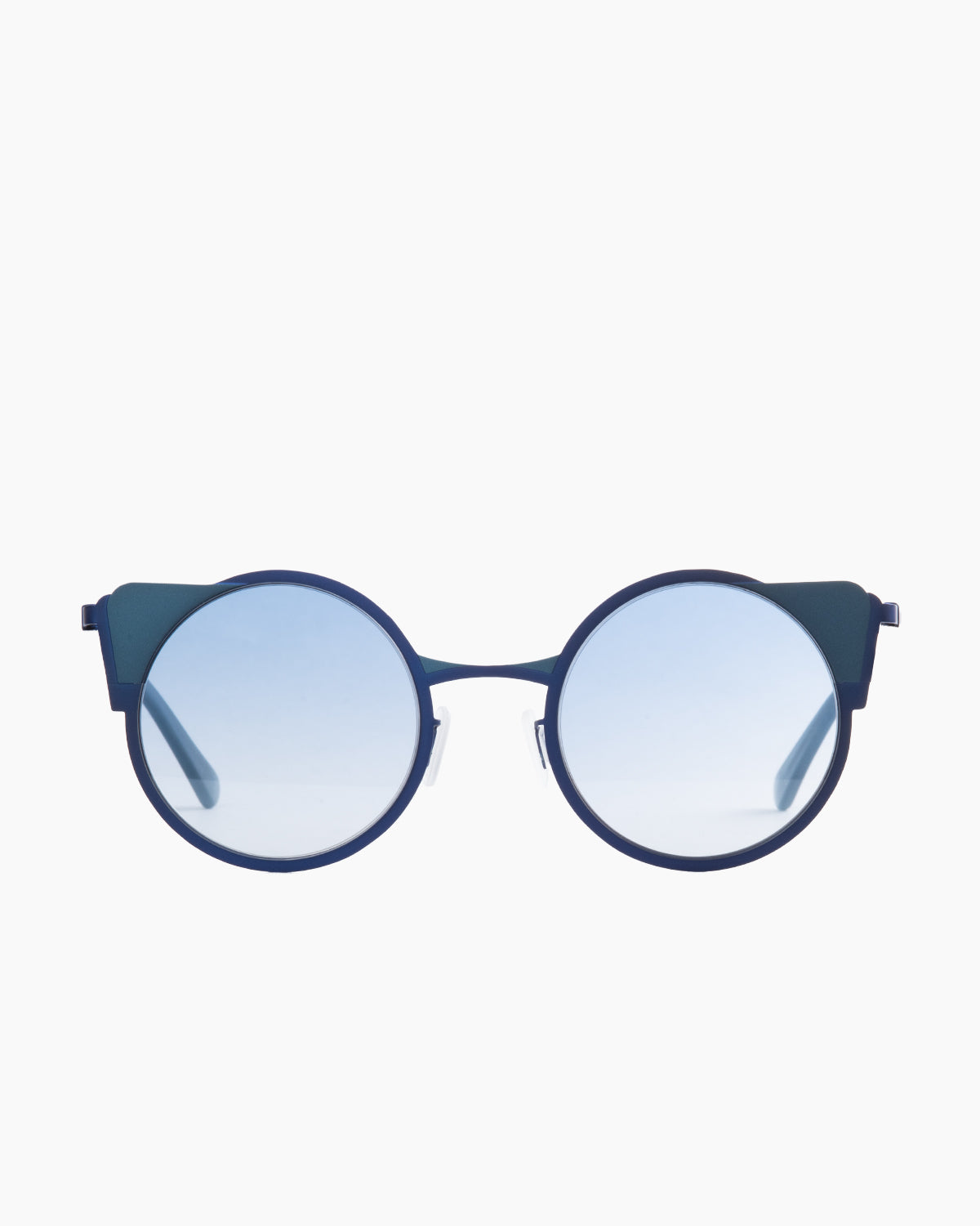 blue metal round  sunglassesby Gamine model Monti S, front view, lunettes de vue rond couleur bleu