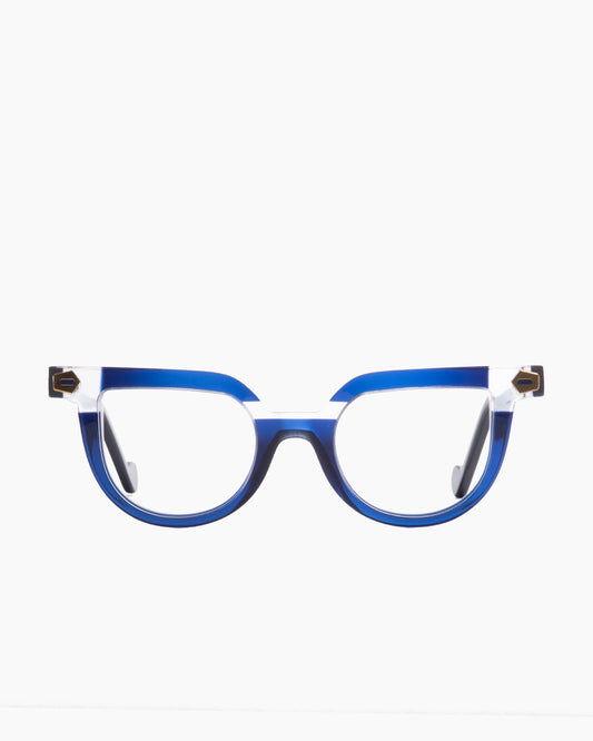 blue plastic cat eyeglasses by Anne et Valentin model Transmit, front view, lunettes de vue chat couleur Bleu