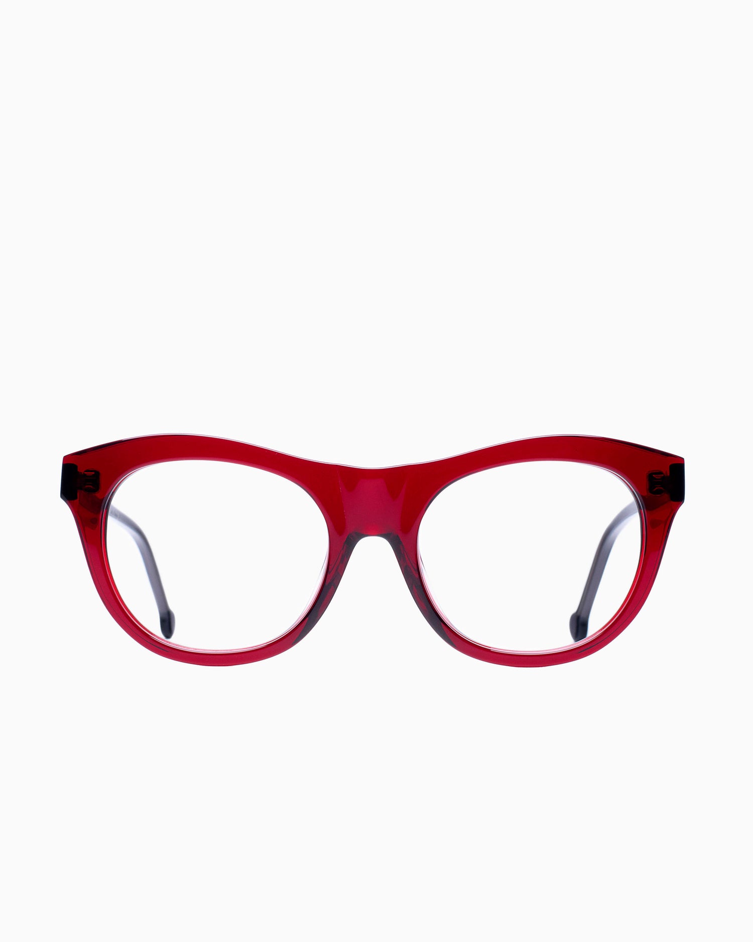 red plastic oval eyeglasses by Marie-Sophie Dion model Millard, front view, lunettes de vue ovale couleur bourgogne