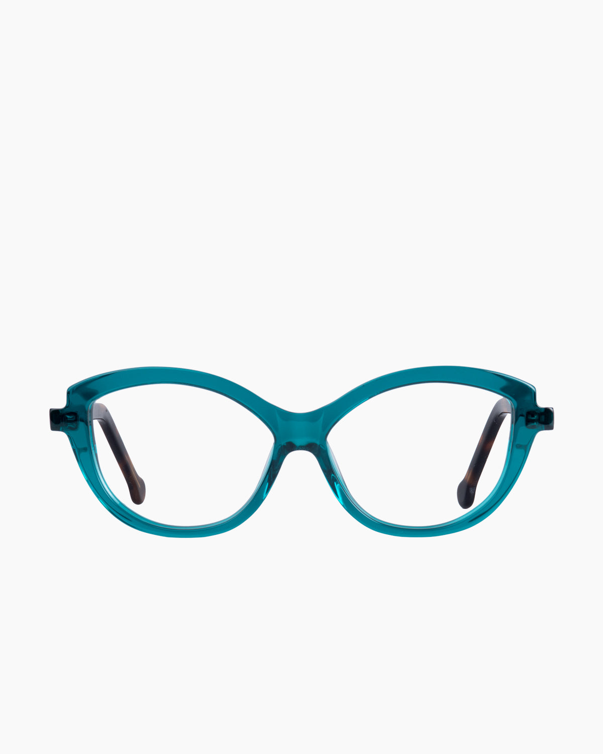 green plastic cat eyeglasses by Marie-Sophie Dion model Brodeur, front view, lunettes de vue Vert 