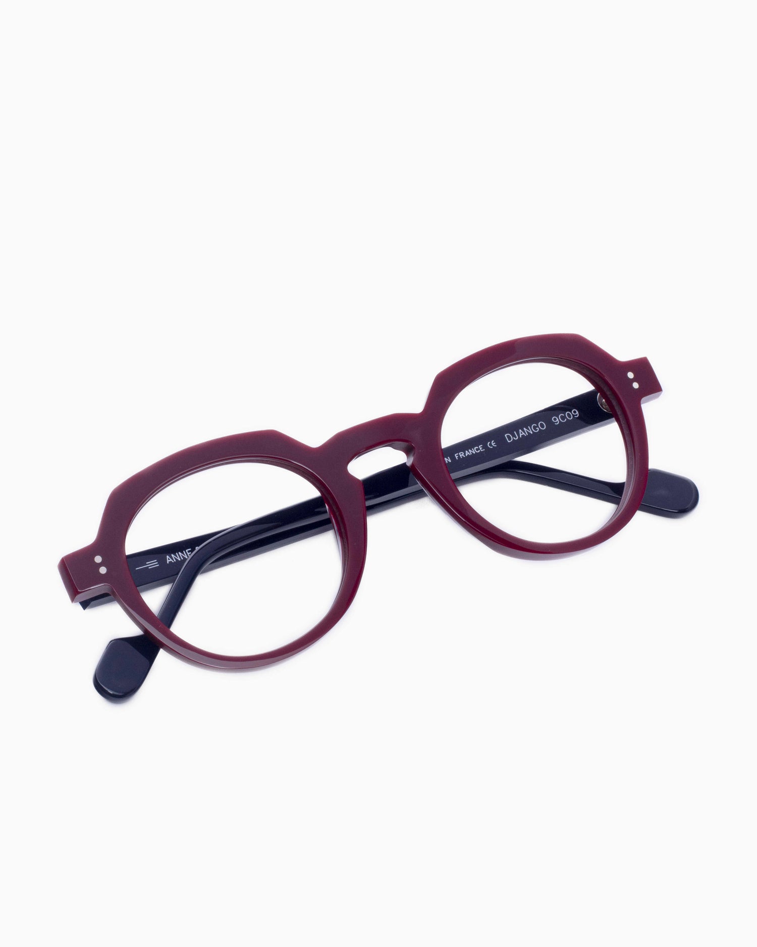 burgundy plastic round eyeglasses by Anne et Valentin model DJANGO, front view, lunettes de vue bourgogne rond