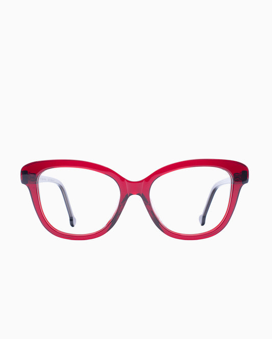 red plastic butterfly eyeglasses by Marie-Sophie Dion model Lamy, front view, lunettes de vue papillon couleur bourgogne