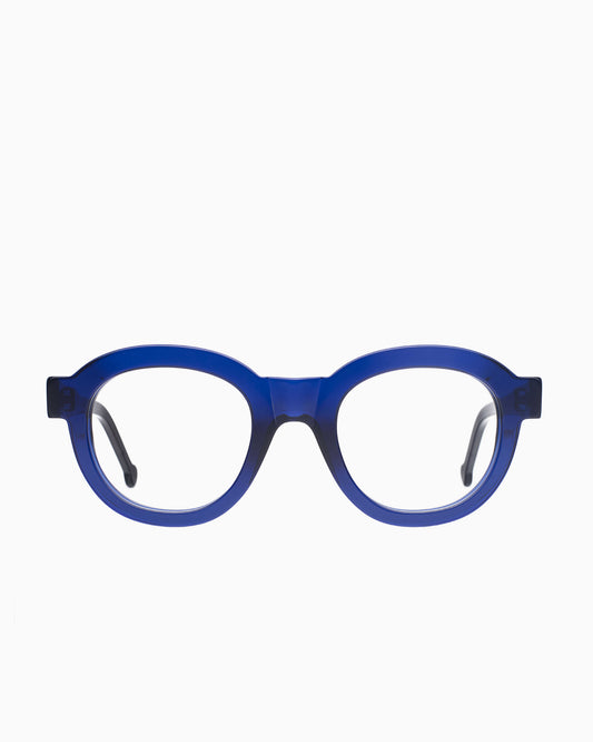 blue plastic round eyeglasses by Marie-Sophie Dion model Claude, front view, lunettes de vue rond couleur Bleu