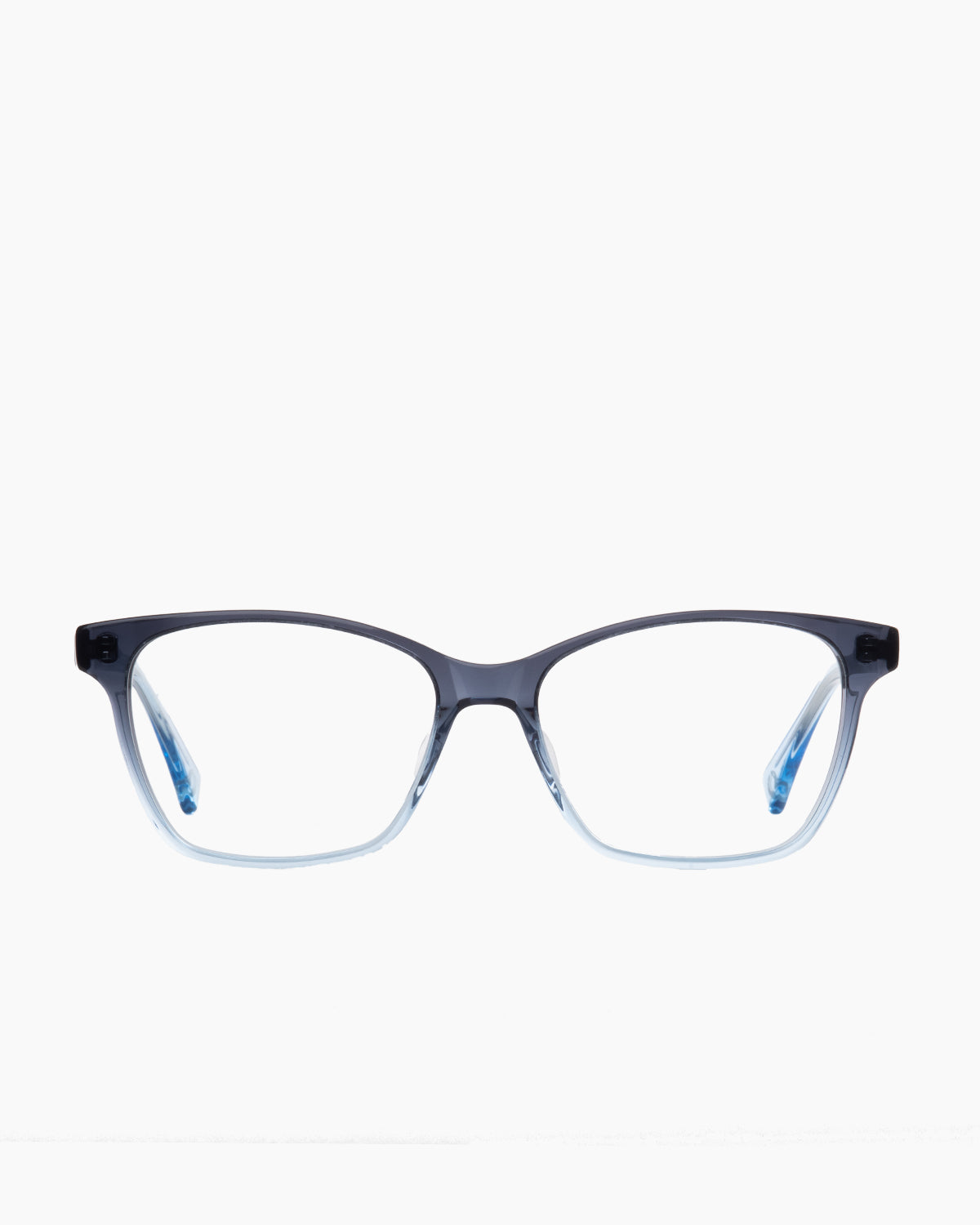 blue plastic butterfly eyeglasses by Evolve model Freya, front view, lunettes de vue bleu papillon
