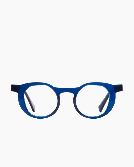 blue plastic round eyeglasses by Gamine model Savamala, front view, lunettes de vue rond couleur bleu
