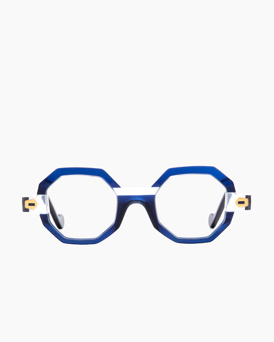 blue plastic octogon eyeglasses by Anne et Valentin model TRANSPOSE, front view, lunettes de vue octogone couleur bleu