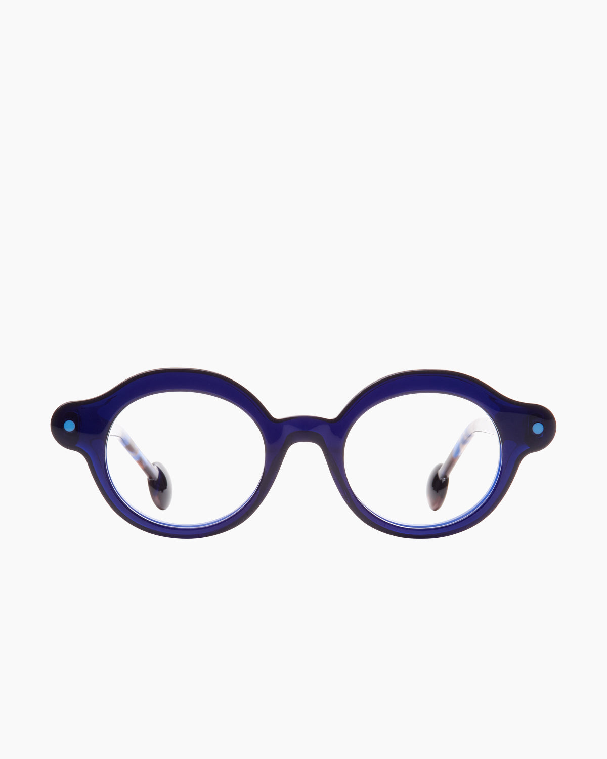 blue plastic oval eyeglasses by Anne et Valentin model Boing, front view, lunettes de vue ovale couleur bleu