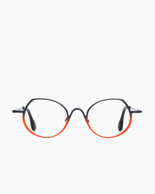orange metal round eyeglasses by Theo model constantia, front view, lunettes de vue rond couleur orange