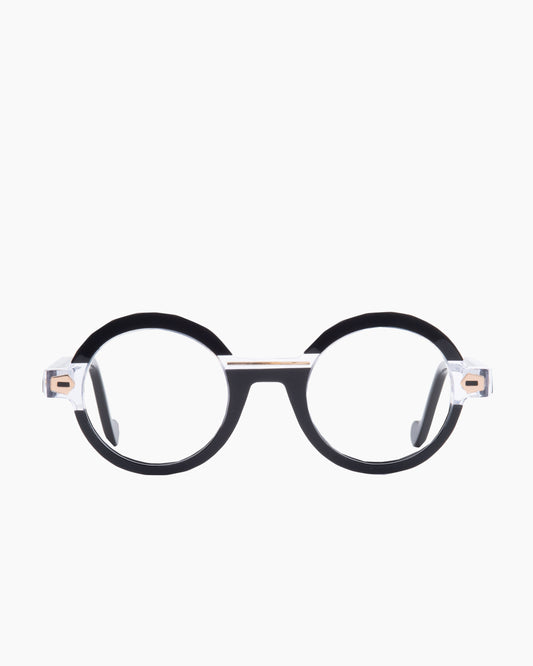 black plastic round eyeglasses by Anne et Valentin model TRANSFIGURE, front view, lunettes de vue rond couleur Noir