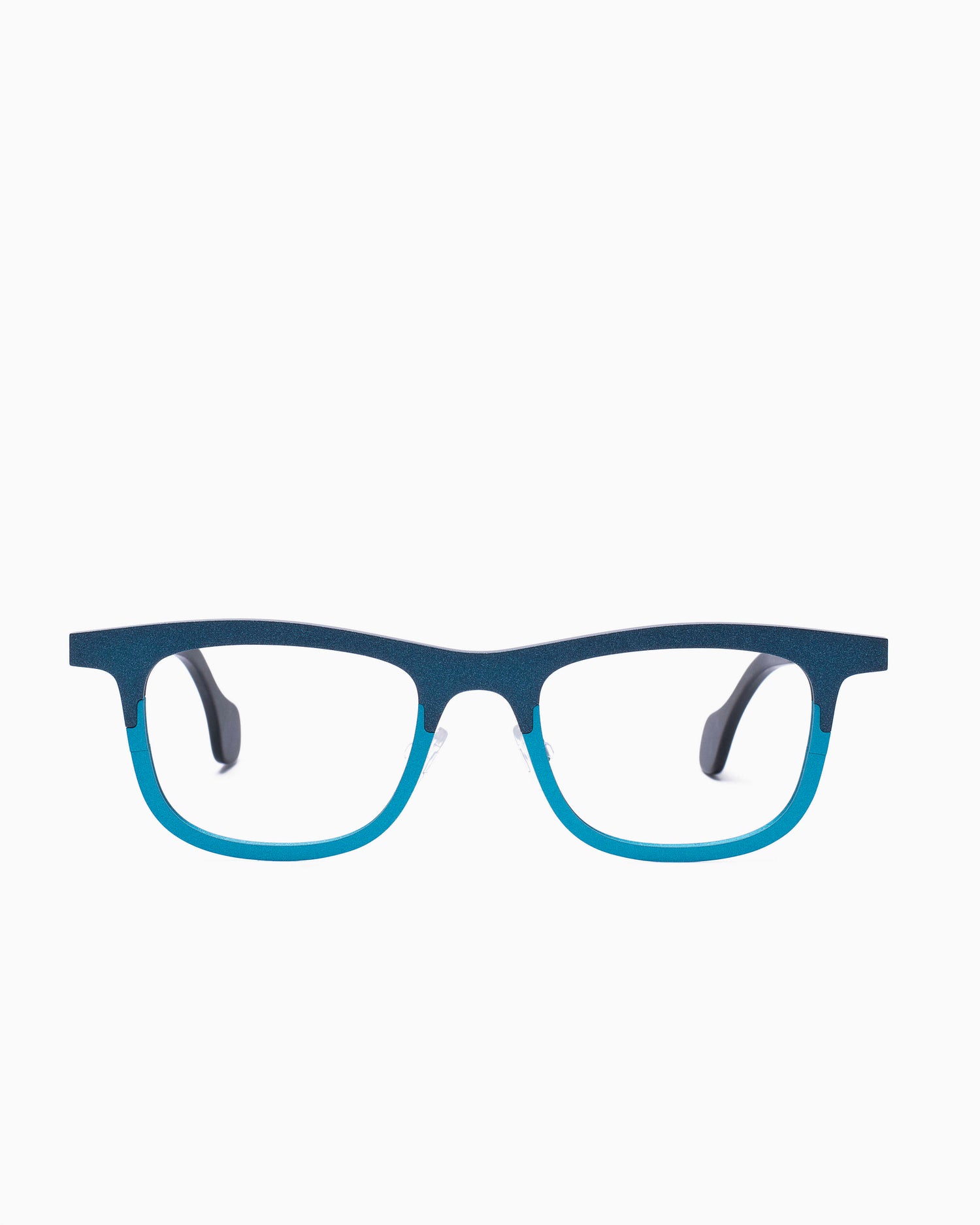 blue metal rectangle eyeglasses by Theo model mille+54, front view, lunettes de vue Bleu rectangle