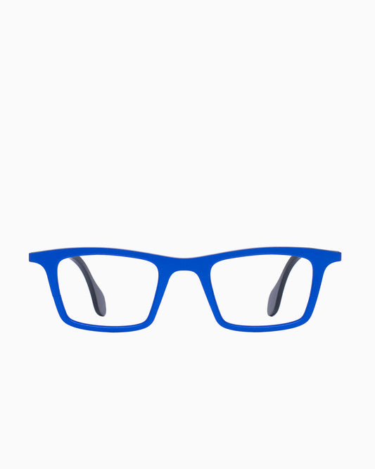blue metal rectangle eyeglasses by Theo model mille+23, front view, lunettes de vue rectangle couleur Bleu