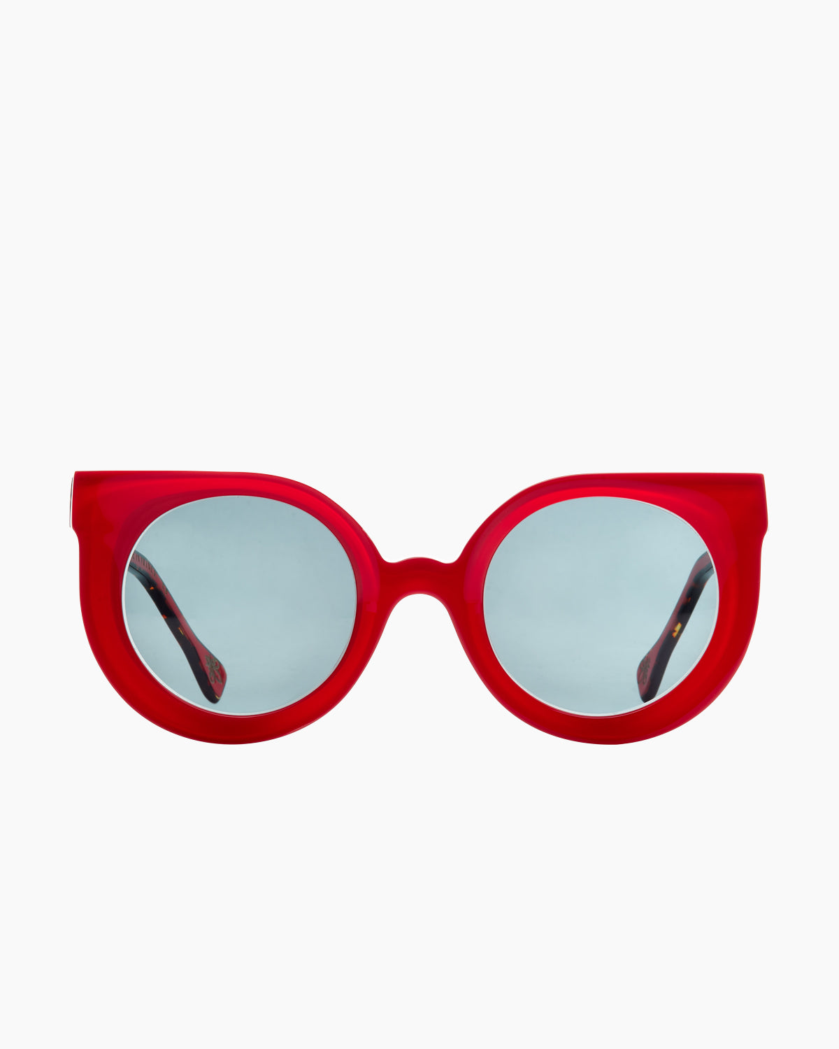 red plastic round  sunglassesby Xavier Derome model PROVIDENCE, front view, lunettes de vue rond couleur rouge