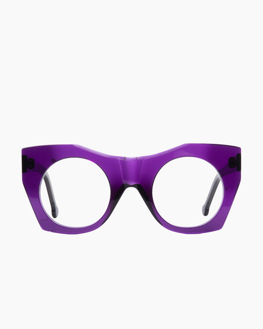 purple plastic round eyeglasses by Marie-Sophie Dion model McKee, front view, lunettes de vue rond couleur violet