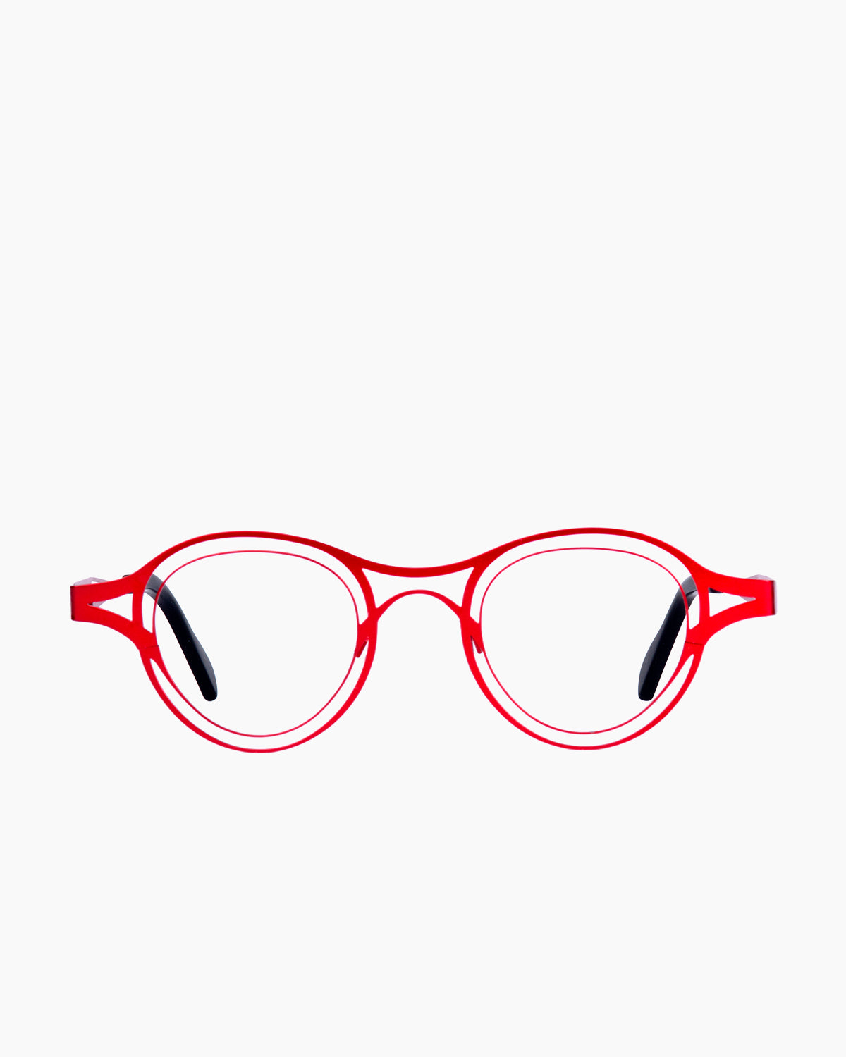 red metal round eyeglasses by Theo model Tarifa, front view, lunettes de vue Rouge rond