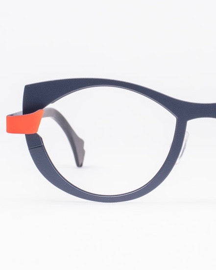 blue metal oval eyeglasses by Theo model plooi, front view, lunettes de vue Bleu 