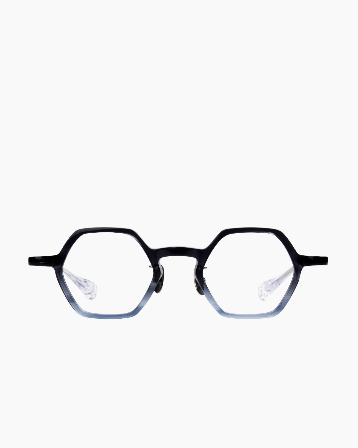blue plastic hexagon eyeglasses by Factory 900 model Yu, front view, lunettes de vue bleu hexagone