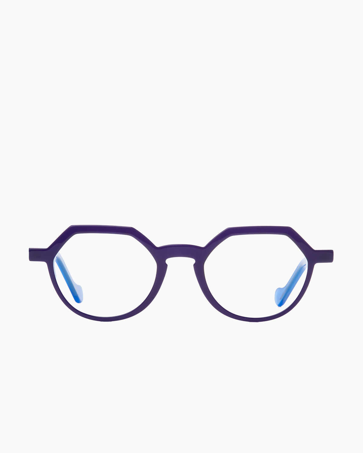purple plastic round eyeglasses by Anne et Valentin model Ayo, front view, lunettes de vue rond couleur violet