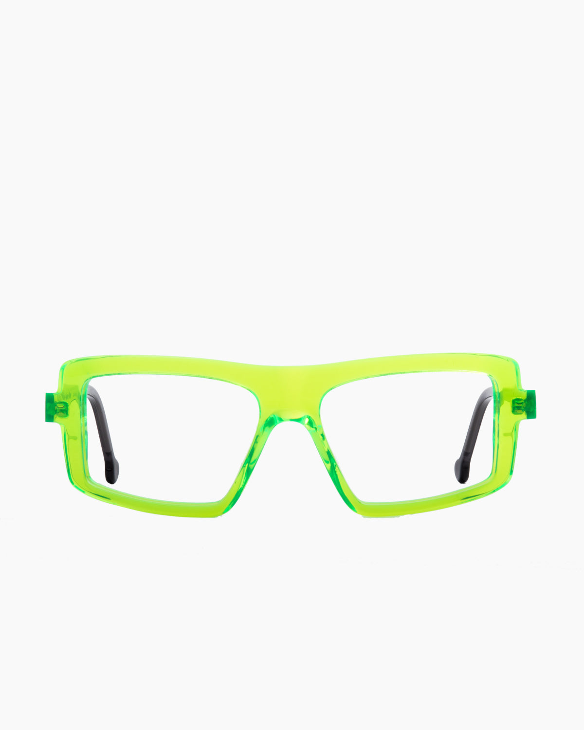 lime plastic rectangle eyeglasses by Marie-Sophie Dion model Lavoie, front view, lunettes de vue rectangle couleur lime