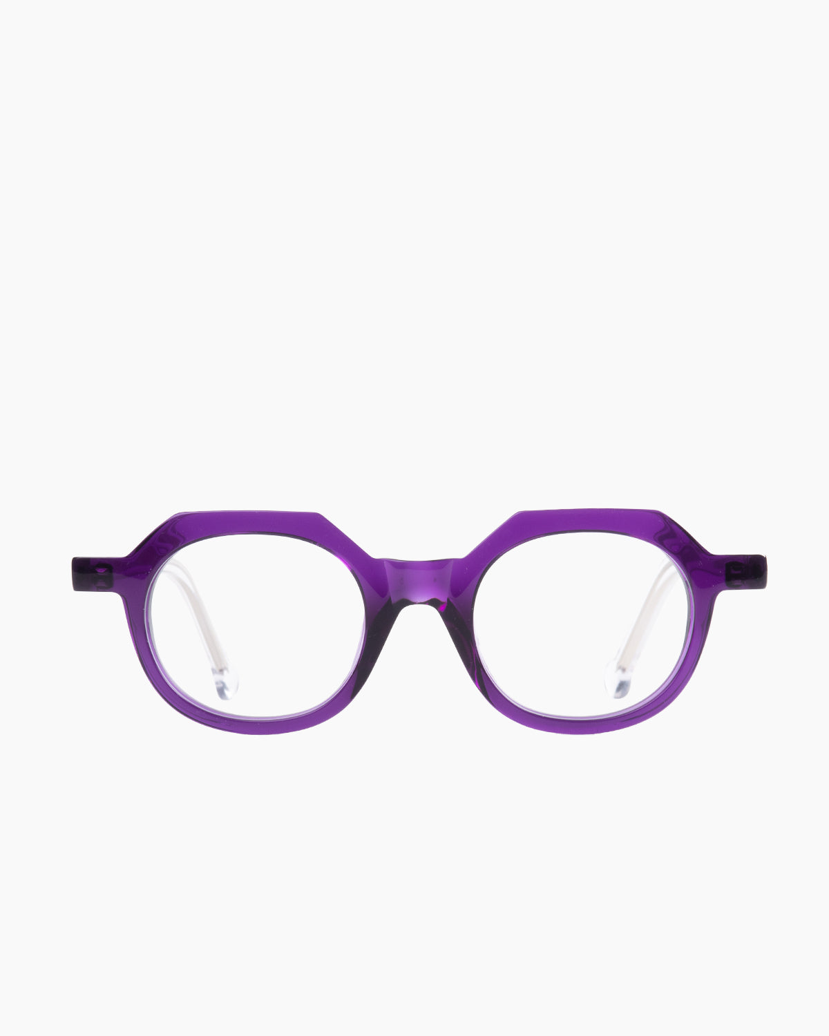 purple plastic round eyeglasses by Marie-Sophie Dion model Larouche, front view, lunettes de vue rond couleur violet