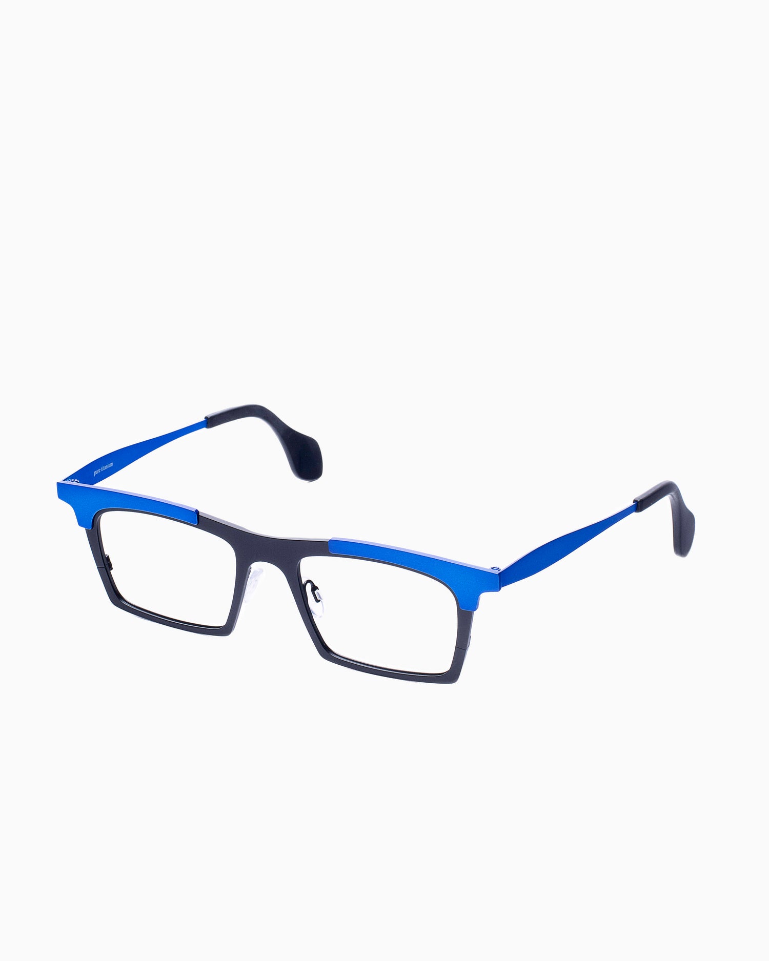 blue metal rectangle eyeglasses by Theo model mille+74, front view, lunettes de vue Bleu rectangle