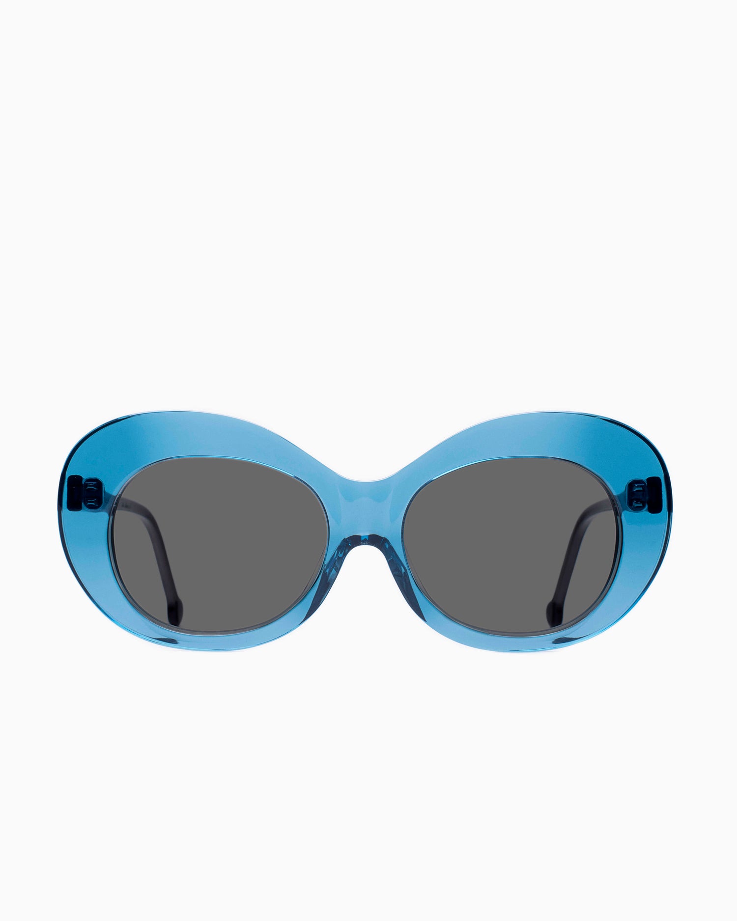 blue plastic oval  sunglassesby Marie-Sophie Dion model MorinSun, front view, lunettes de vue  couleur Bleu