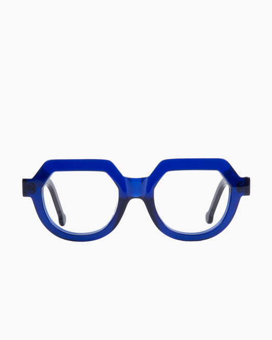 blue plastic round eyeglasses by Marie-Sophie Dion model Andrey, front view, lunettes de vue rond couleur bleu