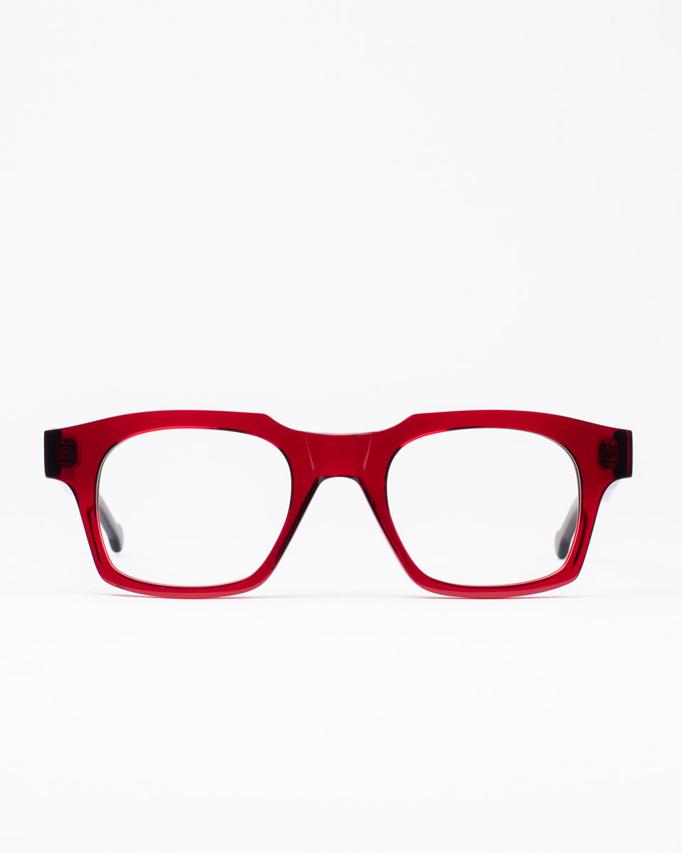 red plastic rectangle eyeglasses by Marie-Sophie Dion model DiMaria, front view, lunettes de vue rectangle couleur bourgogne