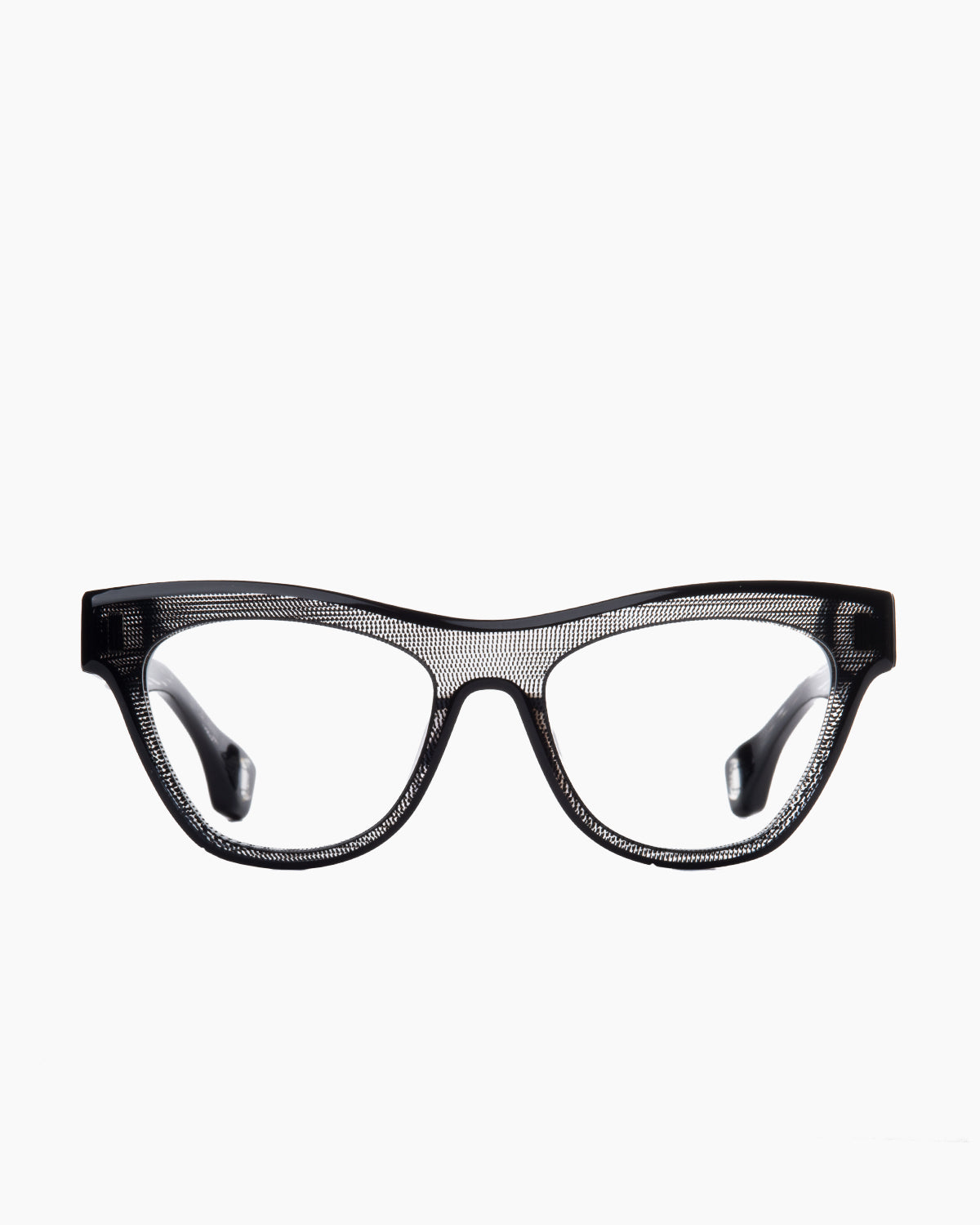 black plastic cat eyeglasses by Blake Kuwahara model fickett, front view, lunettes de vue noir chat