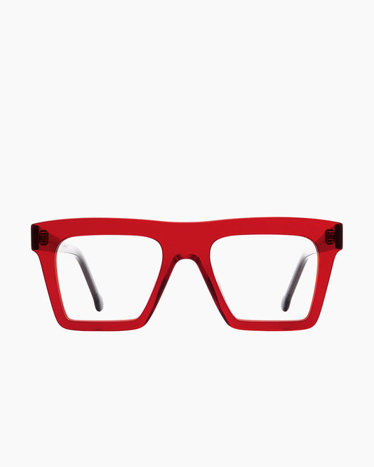 red plastic rectangle eyeglasses by Marie-Sophie Dion model Bond, front view, lunettes de vue rectangle couleur rouge