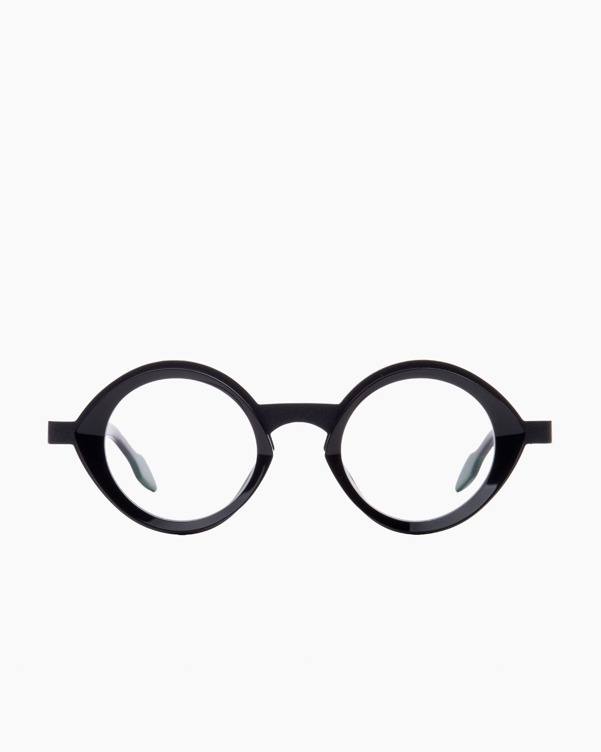 black plastic round eyeglasses by Theo model pipe, front view, lunettes de vue rond couleur noir