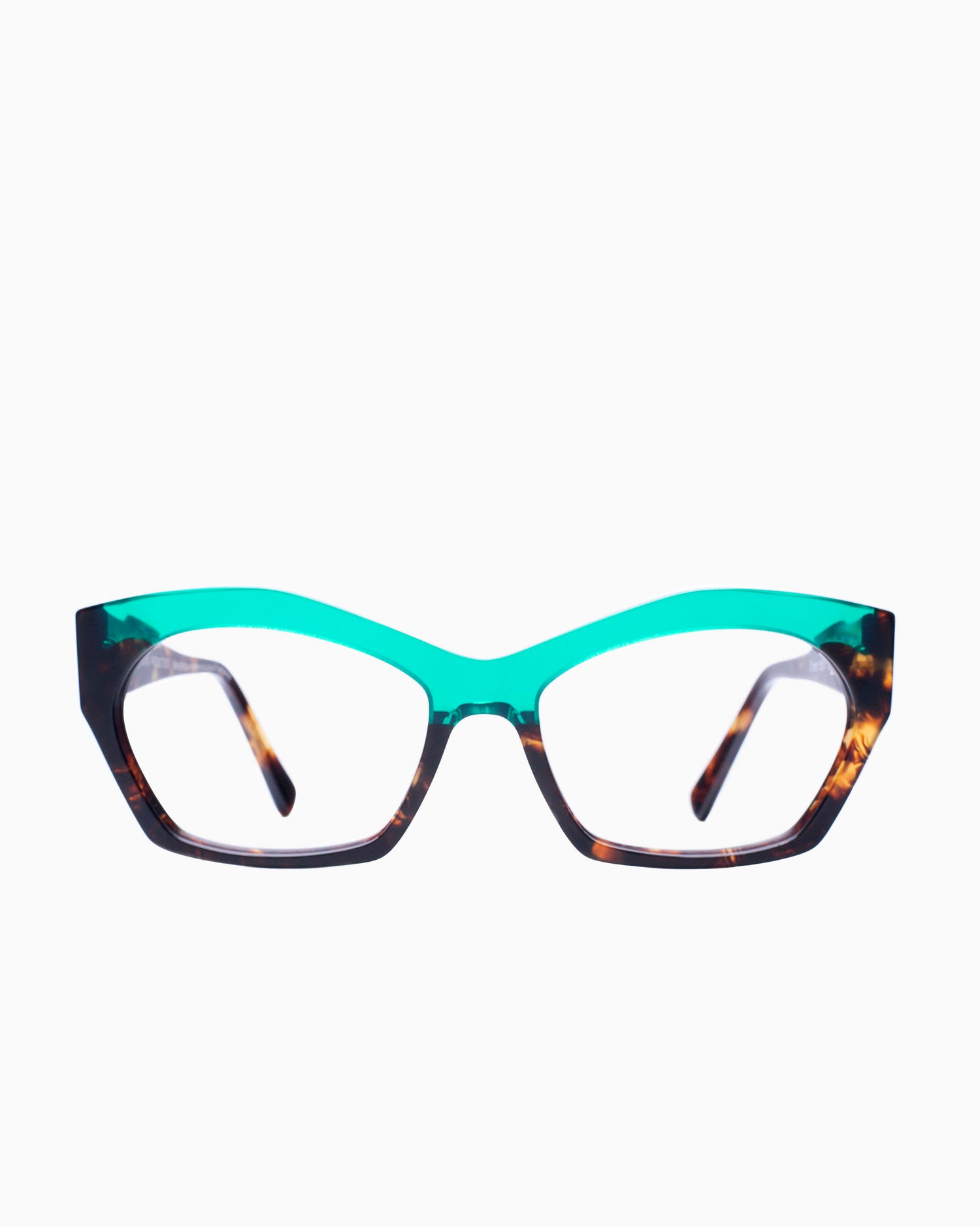turquoise plastic butterfly eyeglasses by Traction model qhasar, front view, lunettes de vue turquoise papillon