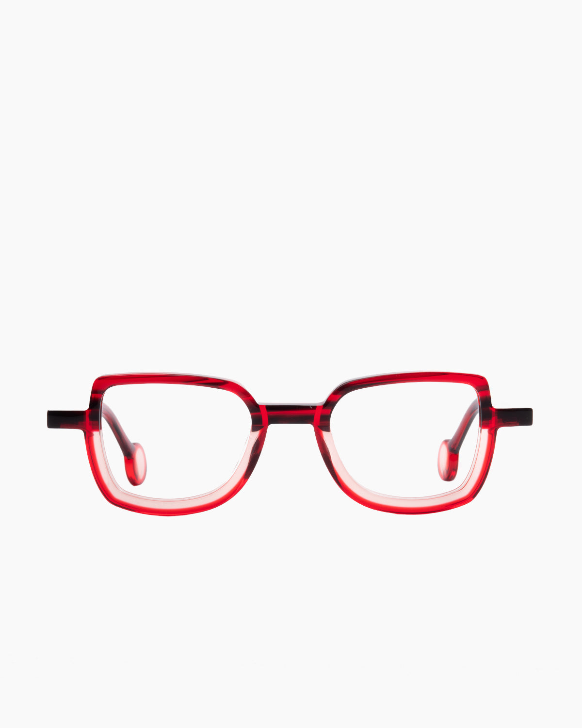 red plastic butterfly eyeglasses by Theo model schommel, front view, lunettes de vue papillon couleur rouge