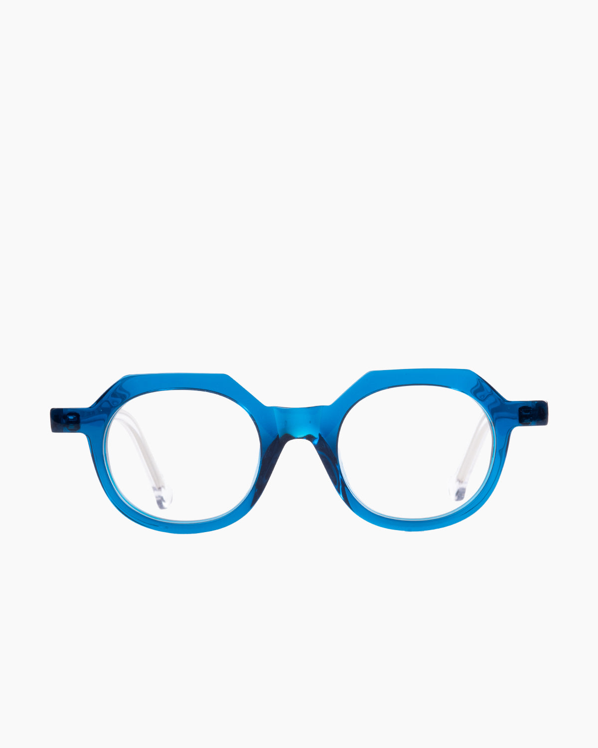 blue plastic round eyeglasses by Marie-Sophie Dion model Larouche, front view, lunettes de vue rond couleur Bleu