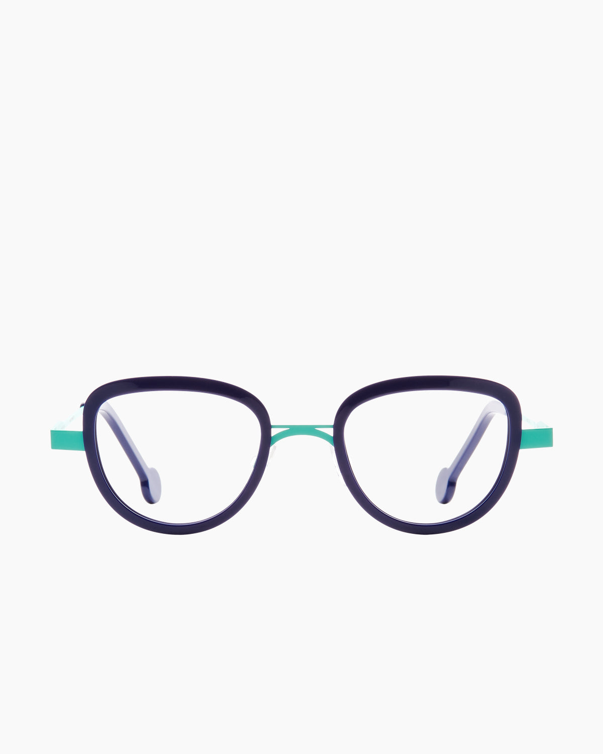 blue metal butterfly eyeglasses by Anne et Valentin model FENIX, front view, lunettes de vue papillon couleur bleu