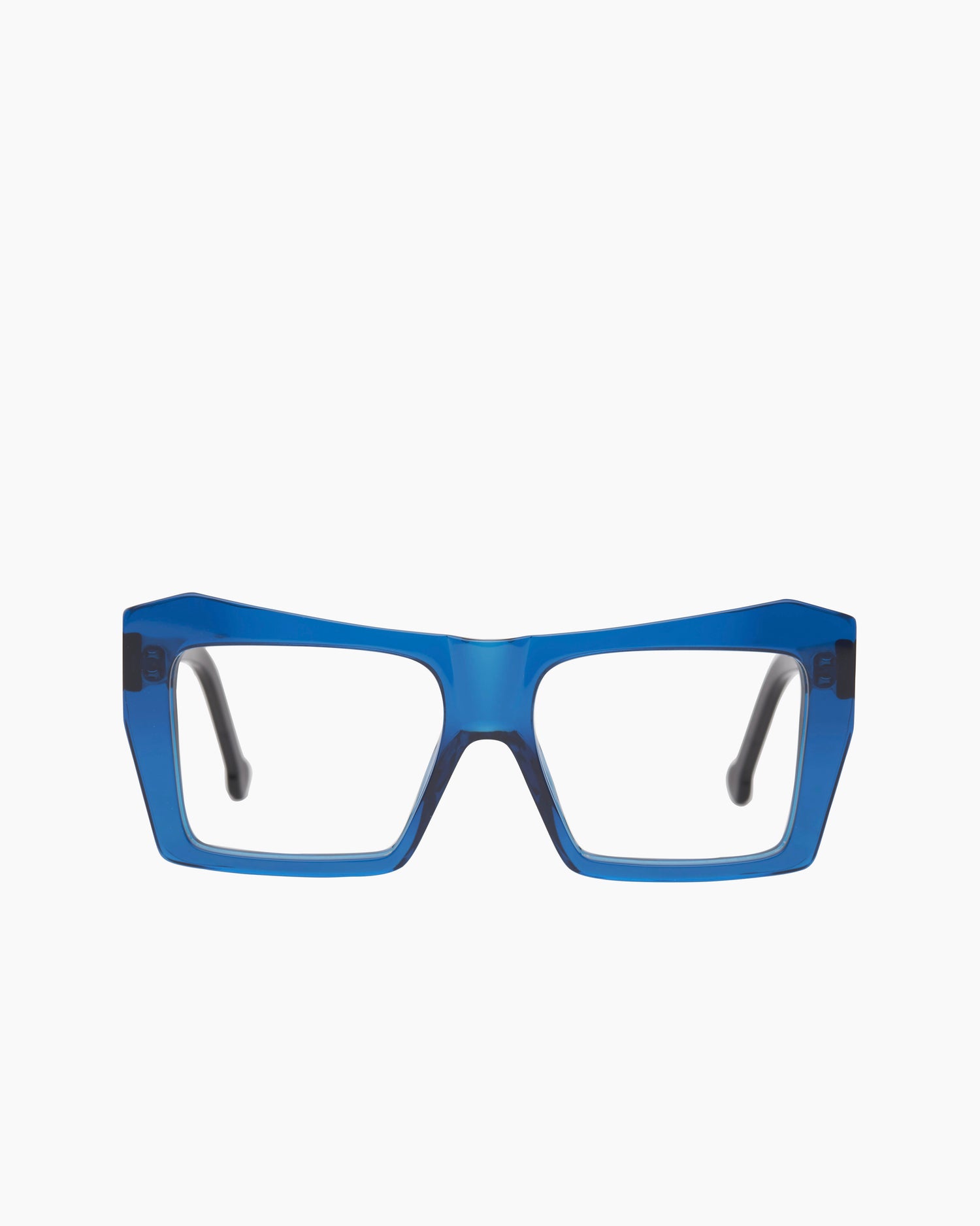 blue plastic rectangle eyeglasses by Marie-Sophie Dion model Pinault, front view, lunettes de vue Bleu rectangle