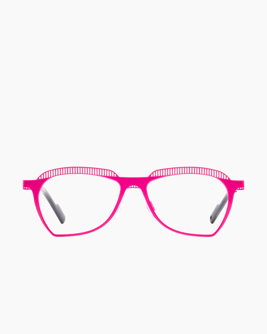 pink metal butterfly eyeglasses by Theo model Tip, front view, lunettes de vue papillon couleur rose