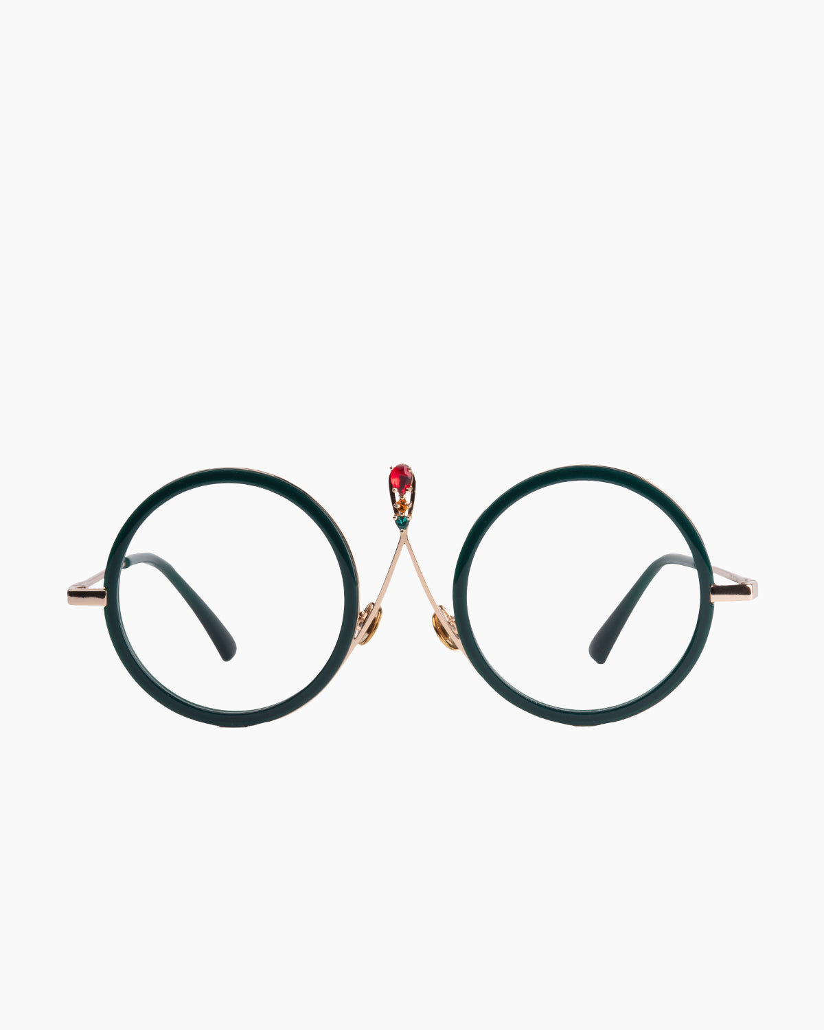 green metal round eyeglasses by Gamine model Tulum, front view, lunettes de vue Vert rond