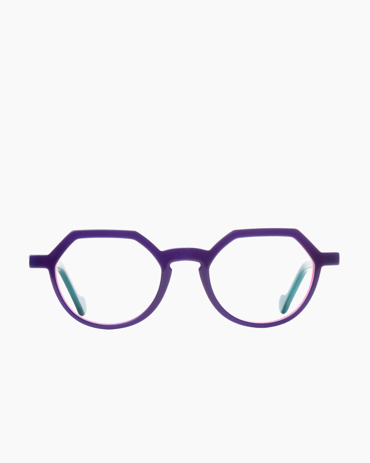 purple plastic round eyeglasses by Anne et Valentin model ayo, front view, lunettes de vue rond couleur violet