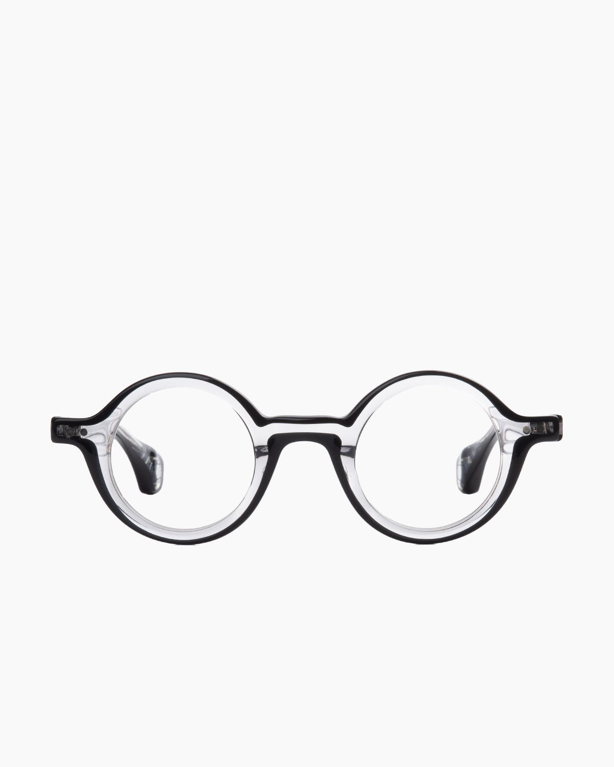 black plastic round eyeglasses by Blake Kuwahara model Mead, front view, lunettes de vue noir rond