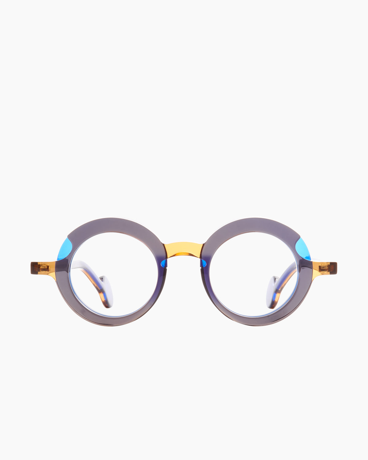 grey plastic round eyeglasses by Theo model Sara, front view, lunettes de vue rond couleur gris