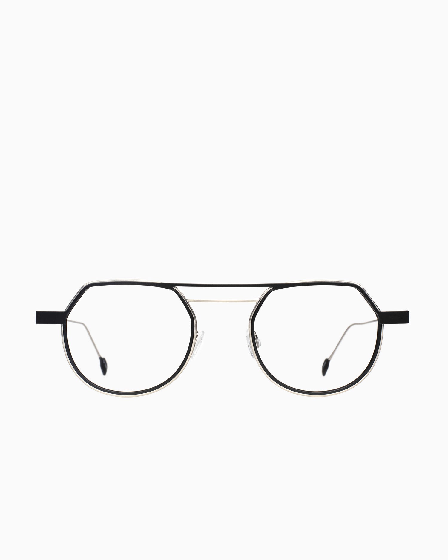 silver metal aviator eyeglasses by Anne et Valentin model Reform, front view, lunettes de vue argent aviateur